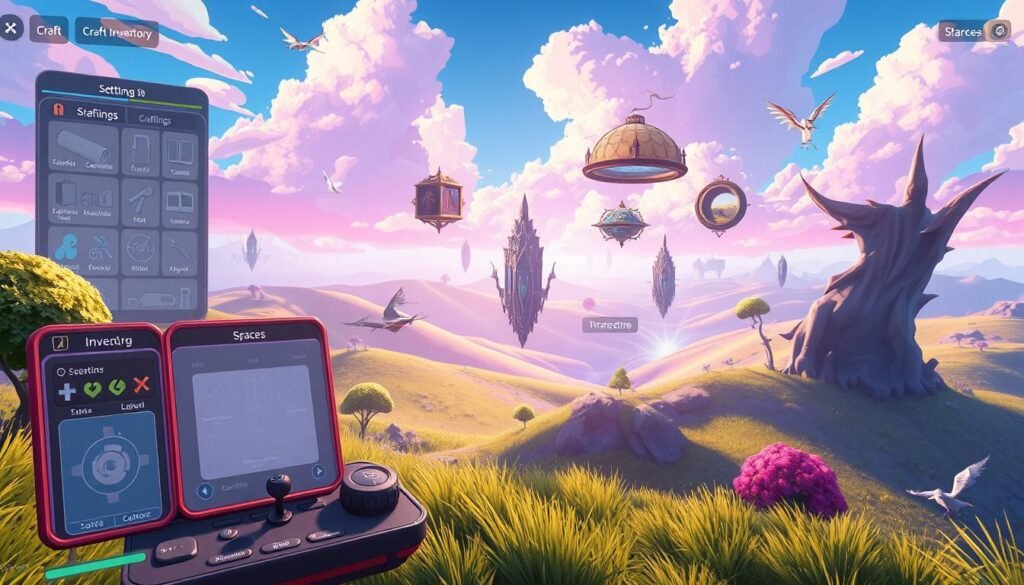 A detailed digital illustration of a user interface for an online game, featuring a vibrant and immersive view of a fantasy landscape. In the foreground, a stylized control panel displays organized windows for crafting, inventory, and settings, with icons clearly visible and inviting interaction. The middle ground reveals various “spaces” represented by interactive elements that float in the scene, showcasing a dynamic layout. The background features a lush, surreal landscape with rolling hills, mystical creatures, and a colorful sky to convey an engaging gaming atmosphere. The lighting is bright and inviting, reminiscent of a virtual world, captured from a slightly elevated angle to enhance the depth and complexity of the interface. The overall mood is lively and exploratory, perfect for enhancing the appeal of user navigation in the game.