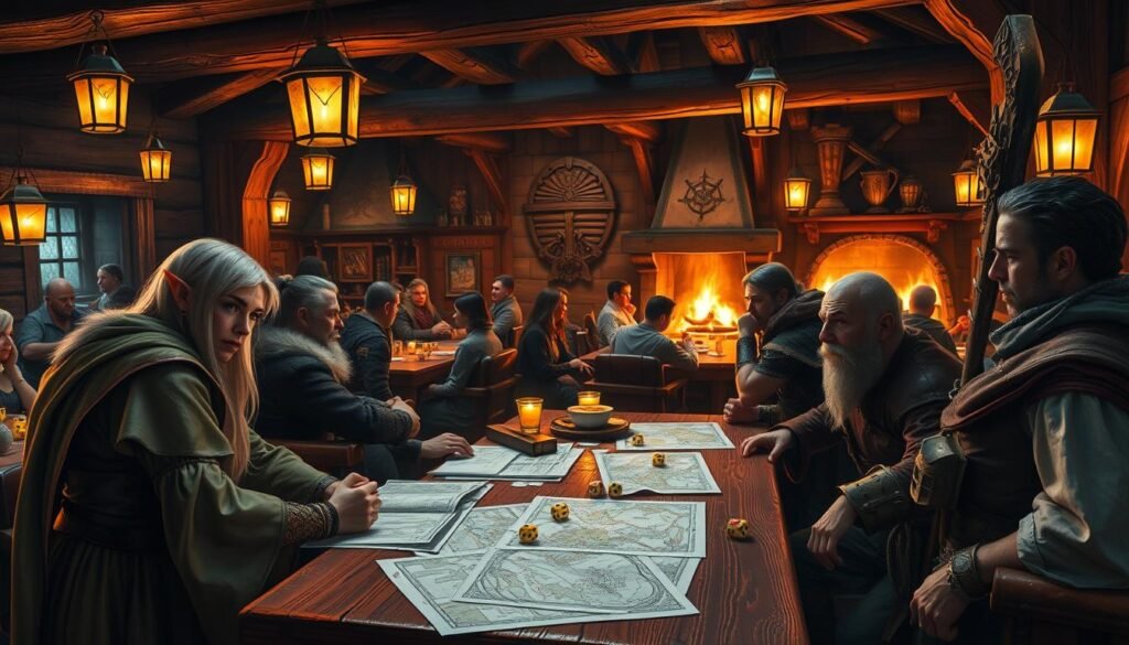 A detailed scene set in a mystical Dungeons & Dragons environment showcasing a cozy tavern filled with adventurers. In the foreground, a diverse group of characters—an elf mage in elegant robes, a sturdy dwarf warrior with a battle-worn axe, and a human rogue in simple yet effective attire—are gathered around a wooden table covered in maps and character sheets, discussing strategies and character builds. In the middle ground, dimly lit by flickering lanterns, other patrons engage in animated discussions with dice rolling on tables. The background features rich wooden beams and a roaring fireplace, casting a warm, inviting glow. The atmosphere is lively and strategic, reminiscent of a collaborative gaming session. Focus on warm lighting, shot from a slightly elevated angle to capture the interaction and vibrant energy of the scene.