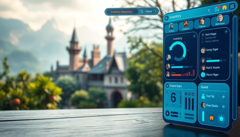 A detailed user interface design for an online role-playing game, prominently featuring an inventory management system, character stats panel, and quest tracker. In the foreground, display sleek, modern UI elements with rounded edges, soft gradients in blues and greens, and intuitive icons. In the middle background, incorporate a lightly blurred fantasy landscape, showcasing medieval architecture and lush greenery to suggest an immersive gaming environment. The overall lighting is soft and inviting, evoking a cozy, engaging atmosphere. Use a slight angle to capture the depth of the interface, emphasizing its usability and design elegance. Ensure the composition is clean, professional, and free of any text or overlays.