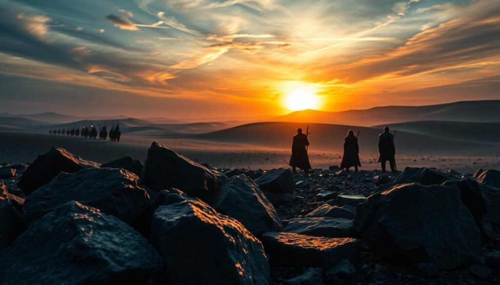 A dramatic landscape of a mystical black desert, illuminated by a glowing, twilight sky with swirling clouds. In the foreground, a cluster of large, rugged black stones, each with shimmering edges that hint at their magical properties. The stones are slightly displaced, suggesting a recent conflict. In the mid-ground, distant warriors clad in dark armor stand with their backs to the viewer, gazing towards an epic battle unfolding in the background. Silhouetted against the horizon are sand dunes capturing the last rays of sunlight, creating a stark contrast between light and shadow. The overall mood is tense and adventurous, evoking a sense of intrigue and conflict amidst the desolation. The perspective is slightly elevated, giving a sweeping view of the terrain. A dramatic landscape of a mystical black desert, illuminated by a glowing, twilight sky with swirling clouds. In the foreground, a cluster of large, rugged black stones, each with shimmering edges that hint at their magical properties. The stones are slightly displaced, suggesting a recent conflict. In the mid-ground, distant warriors clad in dark armor stand with their backs to the viewer, gazing towards an epic battle unfolding in the background. Silhouetted against the horizon are sand dunes capturing the last rays of sunlight, creating a stark contrast between light and shadow. The overall mood is tense and adventurous, evoking a sense of intrigue and conflict amidst the desolation. The perspective is slightly elevated, giving a sweeping view of the terrain.