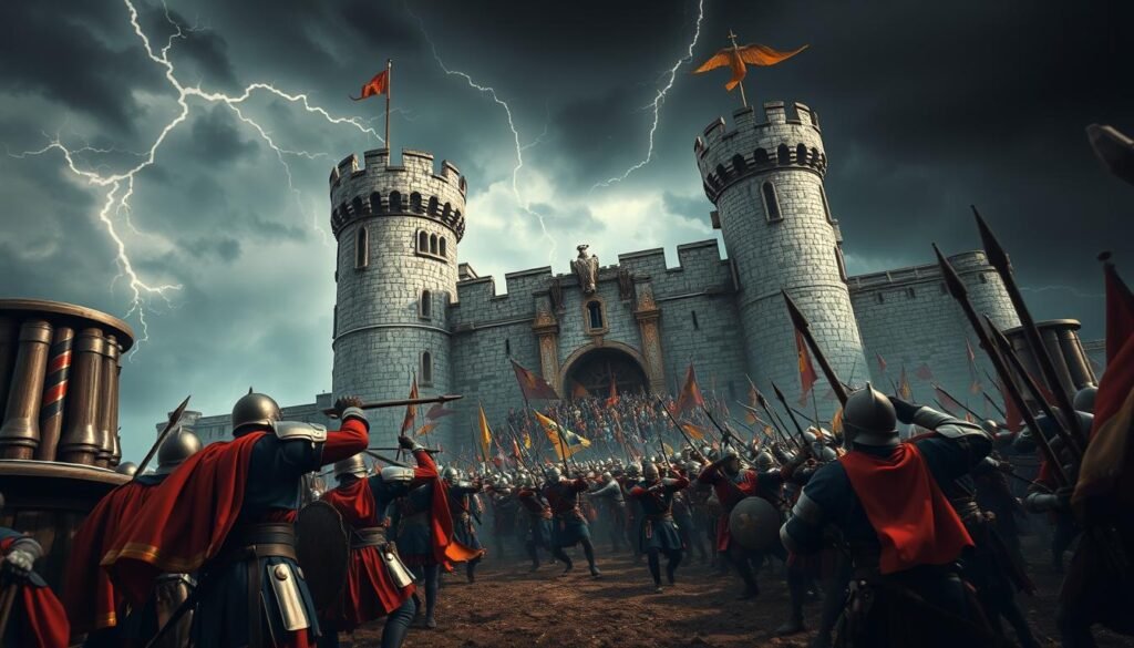 A dramatic scene of a medieval castle under siege, with large wooden siege towers and catapults advancing toward the battlements in the foreground. Knights in shining armor, clad in vibrant colors, are engaged in fierce combat, while archers take aim from the castle walls. In the middle ground, a large crowd of warriors, banners flying, rushes into the fray, showcasing the chaos of battle. The background reveals a dark, stormy sky, with flashes of lightning illuminating the scene, creating a tense atmosphere. Use a low-angle perspective to emphasize the towering castle and the heroic figures defending it, with soft, diffused lighting to enhance the mood of valor and conflict. A dramatic scene of a medieval castle under siege, with large wooden siege towers and catapults advancing toward the battlements in the foreground. Knights in shining armor, clad in vibrant colors, are engaged in fierce combat, while archers take aim from the castle walls. In the middle ground, a large crowd of warriors, banners flying, rushes into the fray, showcasing the chaos of battle. The background reveals a dark, stormy sky, with flashes of lightning illuminating the scene, creating a tense atmosphere. Use a low-angle perspective to emphasize the towering castle and the heroic figures defending it, with soft, diffused lighting to enhance the mood of valor and conflict.