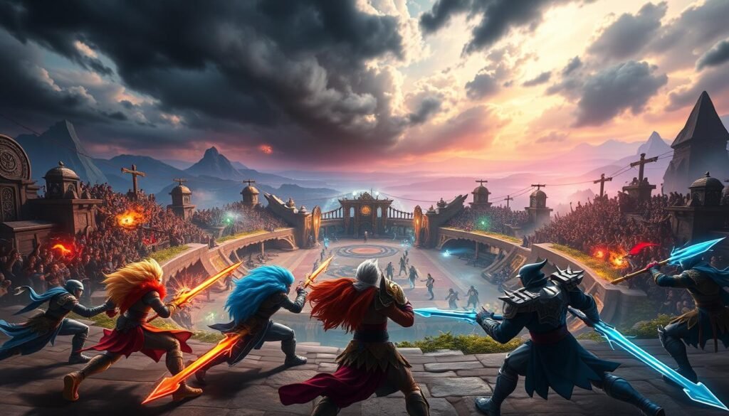 A dynamic 3v3 PvP arena scene set in a fantastical world, showcasing three colorful teams battling fiercely in the foreground. The players, equipped with ornate armor and glowing weapons, are depicted in mid-action poses. The middle ground features an intricately designed arena, with stone walls and magical runes glowing along the edges, surrounded by an enthusiastic crowd cheering. In the background, mystical landscapes blend with dark clouds, hinting at an epic atmosphere. Dramatic lighting casts vibrant hues, highlighting the energy of the battle while creating depth with shadows. Capture the intense yet exhilarating mood of fierce competition and teamwork, with an immersive camera angle that emphasizes the action of the arena.
