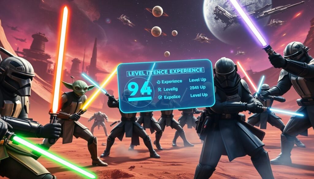 A dynamic Star Wars-style scene showcasing intense combat level experience on a vibrant alien planet. In the foreground, a diverse group of characters, dressed in futuristic yet practical combat armor, are engaged in a fierce battle, wielding lightsabers and blasters. Each character exhibits unique species traits, such as a Twi'lek with colorful skin and a Rodian with large eyes. In the midground, a stylized holographic interface displays experience points and level up notifications, casting a soft blue light on the combatants. The background features a chaotic landscape of alien structures, bright nebulae, and distant starships. The atmosphere is tense and electrifying, with dramatic lighting highlighting the characters' focused expressions, while a cinematic lens captures the action from a low angle, emphasizing the scale and intensity of the conflict.