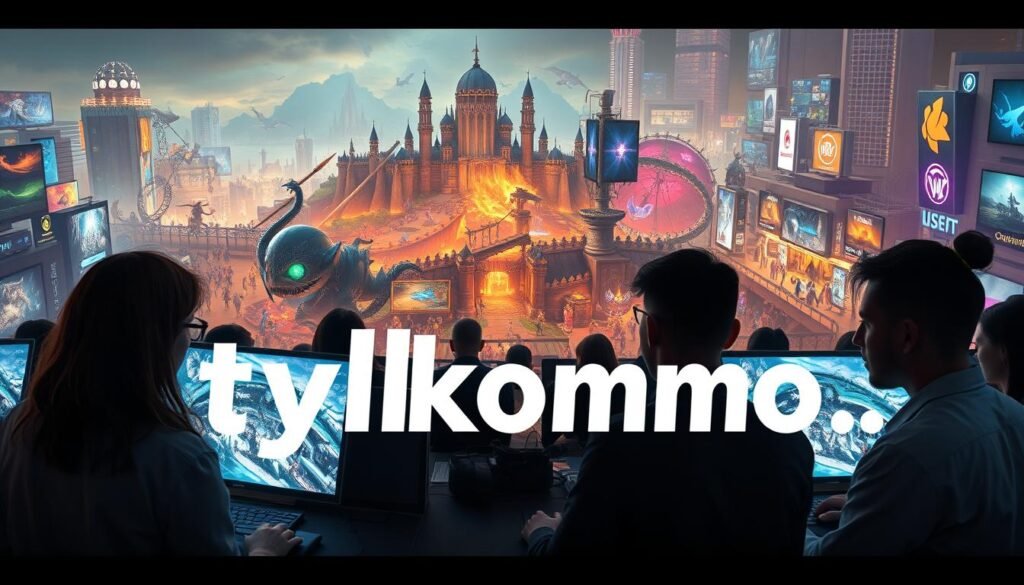 A dynamic and captivating scene depicting the vibrant world of popular MMO games in 2026. In the foreground, a diverse group of players of various ethnicities, dressed in professional casual attire, are intensely focused on their high-tech gaming setups, showcasing glowing screens with immersive game environments. In the middle, a visually stunning digital landscape representing an epic fantasy realm, with sprawling castles and mythical creatures, subtly blending elements from various popular MMOs. In the background, a large, bustling virtual city filled with players interacting and trading, illuminated by colorful lights and digital billboards. The atmosphere is energetic and engaging, evoking a sense of community and adventure. Use soft, ambient lighting to create an inviting mood. The image should convey a sense of camaraderie, excitement, and the enduring popularity of MMO games. Include the brand name "tylkommo.pl" subtly integrated into the cityscape.