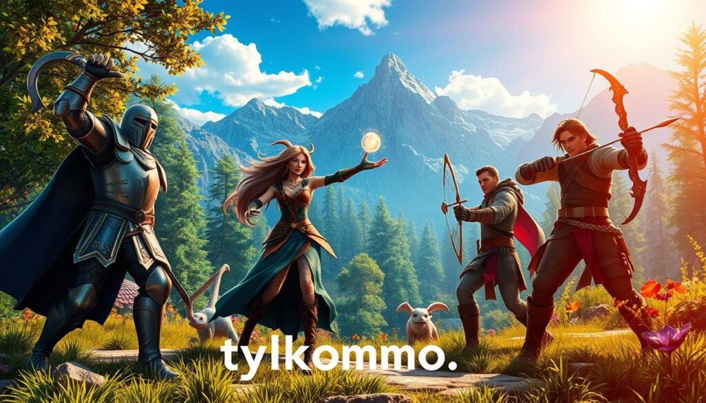 A dynamic and colorful scene showcasing a diverse group of characters from various free MMORPG games, set in an enchanted fantasy landscape. In the foreground, depict three characters: a noble knight in shining armor wielding a sword, a mystical mage casting a spell with glowing orbs around her, and a rugged ranger with a bow ready for action. The middle ground features a lush forest filled with fantastical creatures and vibrant flora. The background presents majestic mountains under a bright blue sky, with soft, warm sunlight casting a golden glow over the scene. The mood reflects adventure and camaraderie, emphasizing the thrill of gaming together. The overall atmosphere is engaging and inviting, perfect for showcasing the world of free MMO games. Include the brand name "tylkommo.pl" subtly integrated into the environment, ensuring no text is visible.