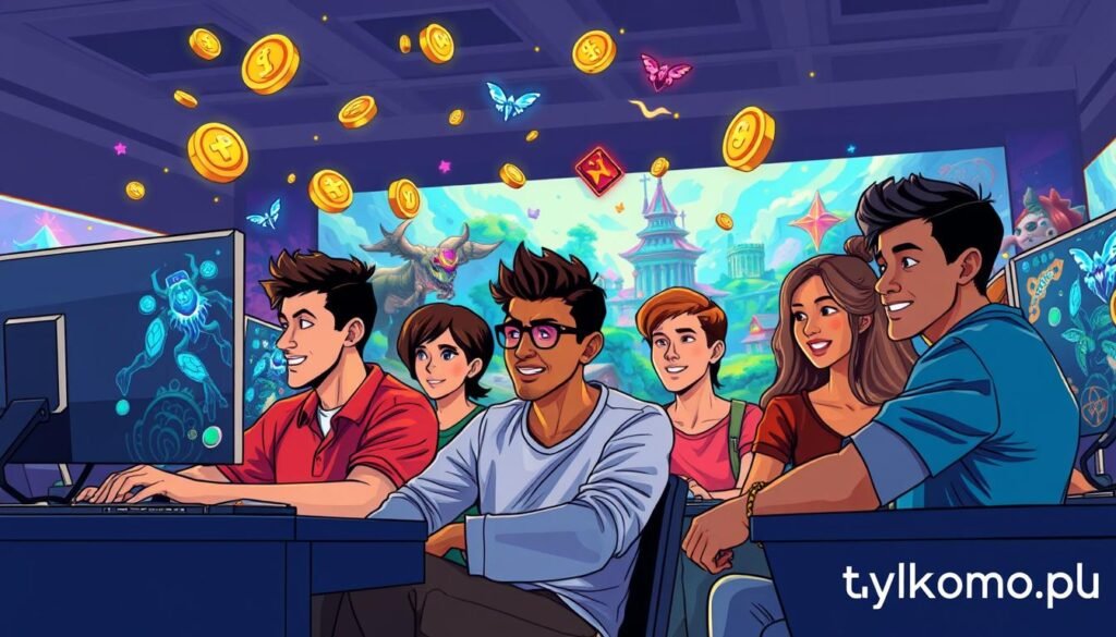 A dynamic and engaging illustration of a video game scene showcasing microtransactions in games. In the foreground, depict a diverse group of players, both men and women of varied ethnicities, sitting in front of their computers, intensely focused on their screens. They are dressed in casual clothing, showcasing excitement and contemplation. The middle ground features vibrant digital elements like coins, gems, and upgrade icons, representing in-game purchases, floating around the screens. In the background, a colorful fantasy game environment comes to life with fantastical creatures and landscapes, emphasizing the appeal of free-to-play games. The lighting is bright and upbeat, creating a cheerful and inviting atmosphere. The perspective is slightly angled to enhance depth, and add the subtle branding "tylkommo.pl" in the corner, ensuring a clean and professional appearance.