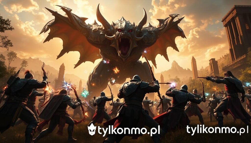 A dynamic and engaging scene from a tactical instance in "Lost Ark." In the foreground, a group of diverse, strategically positioned adventurers clad in intricately designed armor, showcasing various classes including a warrior, mage, and archer, are engaged in fierce combat against a gigantic, menacing boss creature. In the middle ground, bright and vivid magical effects and spells illuminate the battlefield, creating a sense of action and urgency. The background features a richly detailed, fantasy-inspired environment, with lush forests and imposing ruins under a dramatic sky, casting warm, golden light throughout the scene. The atmosphere is intense and electric, capturing the thrill of modern MMO gameplay. Shot with a wide-angle lens to emphasize the scale and grandeur of the battle. High detail, vibrant colors. Brand logo "tylkommo.pl" subtly integrated into the composition without distracting from the main action. A dynamic and engaging scene from a tactical instance in "Lost Ark." In the foreground, a group of diverse, strategically positioned adventurers clad in intricately designed armor, showcasing various classes including a warrior, mage, and archer, are engaged in fierce combat against a gigantic, menacing boss creature. In the middle ground, bright and vivid magical effects and spells illuminate the battlefield, creating a sense of action and urgency. The background features a richly detailed, fantasy-inspired environment, with lush forests and imposing ruins under a dramatic sky, casting warm, golden light throughout the scene. The atmosphere is intense and electric, capturing the thrill of modern MMO gameplay. Shot with a wide-angle lens to emphasize the scale and grandeur of the battle. High detail, vibrant colors. Brand logo "tylkommo.pl" subtly integrated into the composition without distracting from the main action.