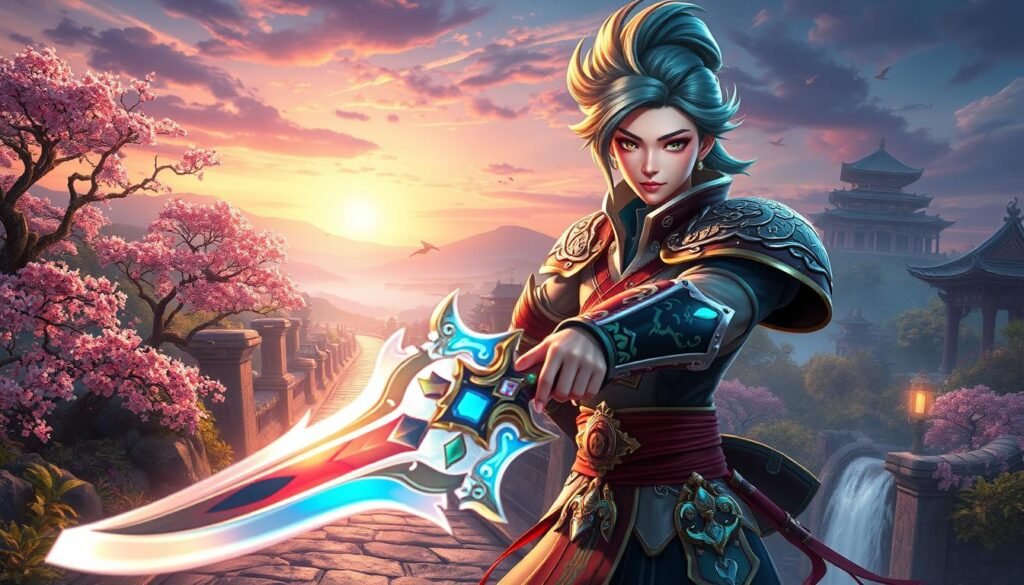 A dynamic and visually striking character from an Asian-inspired MMO, featuring a customizable warrior dressed in intricately designed armor inspired by traditional Asian aesthetics. The character has vibrant hair, styled in a dramatic fashion, and captivating facial features that reflect determination. In the foreground, the character wields a beautifully crafted weapon, glowing with ethereal energy. The middle ground showcases an enchanting environment filled with lush foliage, cherry blossoms, and an ornate stone pathway leading deeper into mystical lands. The background reveals rolling hills and ancient temple structures under a twilight sky, filled with warm hues. The lighting is soft yet vibrant, casting a magical glow around the character, creating a feeling of adventure and allure, capturing the essence of the game's immersive universe. A dynamic and visually striking character from an Asian-inspired MMO, featuring a customizable warrior dressed in intricately designed armor inspired by traditional Asian aesthetics. The character has vibrant hair, styled in a dramatic fashion, and captivating facial features that reflect determination. In the foreground, the character wields a beautifully crafted weapon, glowing with ethereal energy. The middle ground showcases an enchanting environment filled with lush foliage, cherry blossoms, and an ornate stone pathway leading deeper into mystical lands. The background reveals rolling hills and ancient temple structures under a twilight sky, filled with warm hues. The lighting is soft yet vibrant, casting a magical glow around the character, creating a feeling of adventure and allure, capturing the essence of the game's immersive universe.