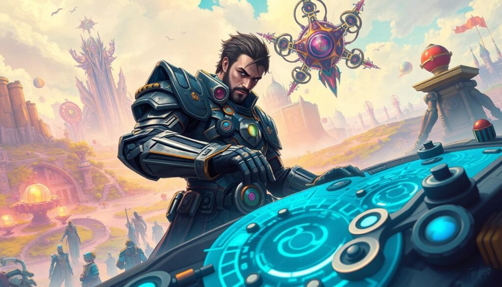 A dynamic and visually striking illustration of a 'system mechanik' in a vibrant fantasy realm. In the foreground, a skilled mechanik character, wearing intricate, technologically enhanced armor, is confidently manipulating a series of holographic displays and gears, showcasing the unique mechanics of gameplay. The middle ground reveals fantastical machines and constructs, hinting at various MMO elements like crafting and combat systems. In the background, a colorful and immersive landscape dotted with ethereal creatures and lush environments emphasizes an engaging gaming world. The scene is lit with soft, ambient lighting, creating a captivating atmosphere. The angle is slightly low, looking up at the mechanik, highlighting their expertise and the grandeur of the surrounding environment. This illustration encapsulates the spirit of innovation and creativity found in classic MMO games. Tylkommo.pl.