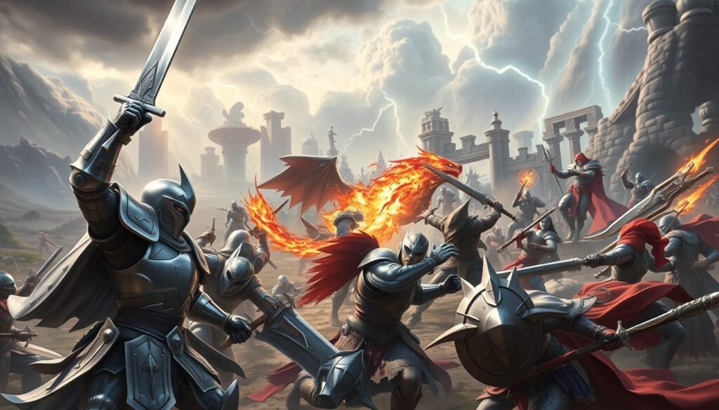A dynamic battle scene set in a fantasy realm, featuring a diverse group of heroic characters in detailed armor, wielding magical weapons amidst a fierce confrontation. In the foreground, a valiant warrior, clad in shining silver armor, raises his sword triumphantly, while a skilled sorcerer unleashes a fiery spell next to him. The middle ground showcases a chaotic clash between mythical creatures and other players, each with unique designs and vivid colors. In the background, a sprawling magical landscape with ancient ruins and swirling storm clouds adds depth, illuminated by dramatic flashes of lightning. The scene should convey a sense of intensity and teamwork, capturing the spirit of cooperative gameplay in a striking, high-energy composition. High contrast, vibrant colors, and a slightly low-angle perspective to enhance the action. A dynamic battle scene set in a fantasy realm, featuring a diverse group of heroic characters in detailed armor, wielding magical weapons amidst a fierce confrontation. In the foreground, a valiant warrior, clad in shining silver armor, raises his sword triumphantly, while a skilled sorcerer unleashes a fiery spell next to him. The middle ground showcases a chaotic clash between mythical creatures and other players, each with unique designs and vivid colors. In the background, a sprawling magical landscape with ancient ruins and swirling storm clouds adds depth, illuminated by dramatic flashes of lightning. The scene should convey a sense of intensity and teamwork, capturing the spirit of cooperative gameplay in a striking, high-energy composition. High contrast, vibrant colors, and a slightly low-angle perspective to enhance the action.