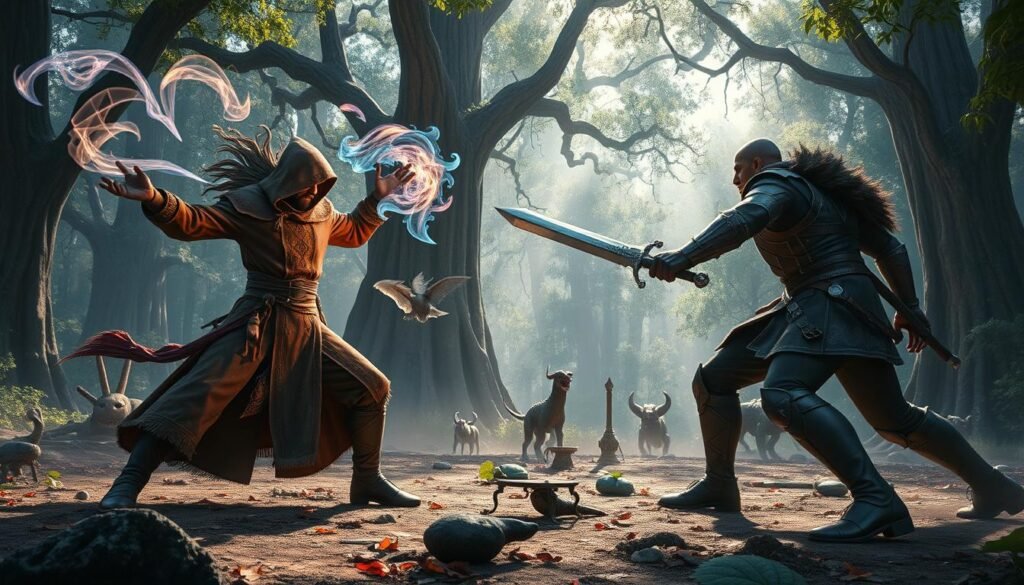 A dynamic combat scene set in an enchanted forest, showcasing two skilled fighters engaged in an intense duel. In the foreground, a mage clad in modest, intricate robes conjures vibrant spells with swirling energy, while a warrior in rugged armor wields a gleaming sword, ready to counter. The middle ground features a scattering of magical artifacts and mystical creatures observing the duel, hinting at the depths of the game mechanics. The background reveals towering ancient trees bathed in dappled sunlight filtering through the leaves, enhancing the magical atmosphere. The overall mood is tense yet exhilarating, with a focus on strategy and skill in combat. Use a slightly low angle to capture the action dramatically, emphasizing the prowess of the combatants.