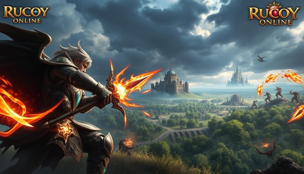 A dynamic fantasy landscape featuring an intense player-versus-player (PvP) battle in "Rucoy Online." In the foreground, a heroic character with vibrant armor engages in combat with a fierce, dark-clad opponent, showcasing detailed weapon effects like magical spells and glowing weaponry. Their expressions reveal determination and intensity, adding depth to the scene. The middle ground showcases a lush, expansive forest dotted with enemies and obstacles, creating a sense of challenge. In the background, a distant castle looms under a dramatic, cloudy sky, hinting at adventure and conquest. The lighting is dramatic with high contrast, highlighting the characters and their fiery spell effects. The mood is exhilarating and competitive, capturing the essence of strategic gameplay.