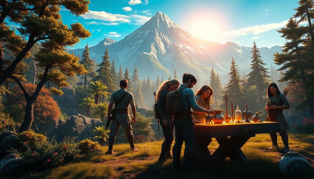 A dynamic fantasy landscape showcasing the concept of progression in an MMORPG. In the foreground, a diverse group of adventurers in modest casual clothing, including a warrior, mage, and archer, are collaborating around a glowing crafting table filled with unique weapons and armor pieces. The middle ground features a lush forest with various trees, colorful flora, and hints of hidden treasures, symbolizing exploration and achievement. In the background, a majestic mountain range looms under a clear blue sky, bathed in warm, golden sunlight, creating an uplifting atmosphere. The image is captured from a low angle to enhance the stature of the adventurers, with soft, dreamy lighting that evokes a sense of adventure and camaraderie in the gaming experience.