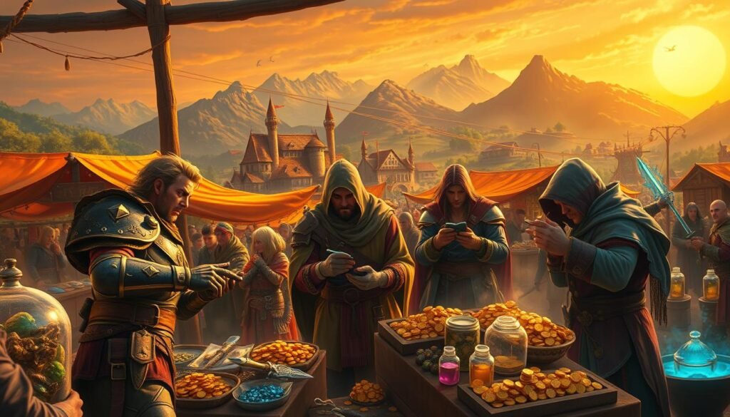 A dynamic fantasy scene depicting a thriving marketplace in a medieval setting, filled with adventurers trading their loot after a successful dungeon run. In the foreground, a group of characters, including a warrior in robust armor, a mage with glowing runes, and a rogue counting gold coins, are passionately discussing valuable items. The middle ground features vibrant stalls overflowing with various loot—gleaming weapons, shimmering potions, and rare artifacts. In the background, a picturesque village and distant mountains under a golden sunset create an adventurous atmosphere. Soft, warm lighting highlights the excitement of trade and camaraderie. Capture the energy of profit-making in this enchanting world, showcasing the thrill of adventure and commerce in harmony.