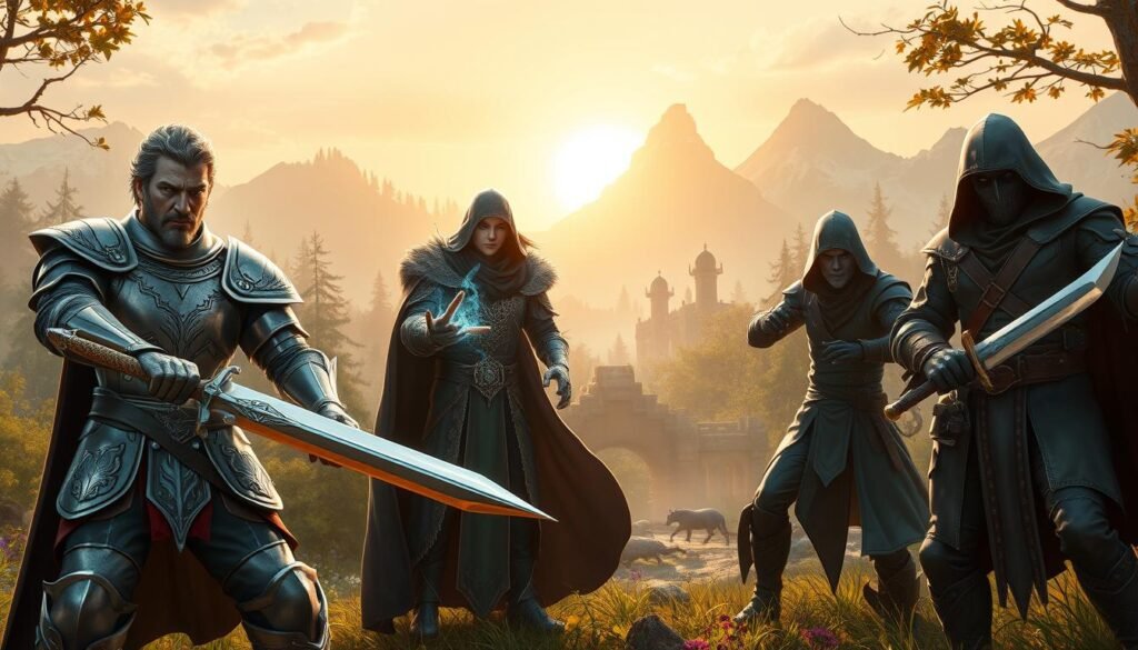 A dynamic fantasy scene showcasing a diverse group of heroic characters representing different classes from a medieval fantasy game. In the foreground, a determined warrior clad in shining armor wields a gleaming sword, embodying strength and resilience. Beside them, a wise mage in elegant robes channels magical energy, their hands aglow with spells. A stealthy rogue, dressed in dark leather, is poised to strike with a dagger, capturing agility and cunning. In the middle ground, a vibrant forest setting teems with mystical creatures and ancient ruins, suggesting adventure and exploration. The background features ethereal mountains lit by a warm golden sunset, creating an enchanting atmosphere. The lighting is soft and magical, highlighting the characters and their unique attributes as they prepare for a solo quest. The shot is taken at eye level, conveying engagement and excitement.