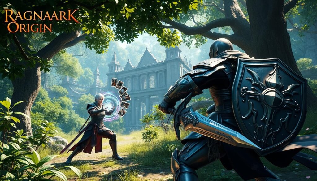 A dynamic fantasy scene showcasing the combat system of "Ragnarok Origin," featuring an epic battle between two armored characters in a vibrant, lush forest. In the foreground, a female knight in detailed plate armor wields a shining shield and sword, showcasing her powerful stance and skillful animations as she prepares to unleash a special skill. The middle ground reveals a male mage casting a spell, surrounded by glowing cards representing different abilities, with ethereal energy emanating from his hands. In the background, ancient mystical ruins are partially obscured by foliage, giving a sense of adventure and history. Soft, dappled sunlight filters through the leaves, highlighting the intricate details of the characters and their equipment, while creating a magical atmosphere full of nostalgia and excitement.