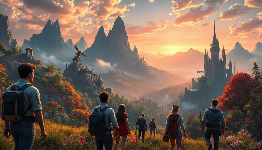 A dynamic open-world gaming landscape filled with vibrant colors and lush environments. In the foreground, a diverse group of players, dressed in professional casual attire, is engaged in an exciting quest, showcasing camaraderie. The middle ground features towering mountains and intricate castles, hinting at exploration and adventure. The background showcases a sprawling forest with mystical creatures peeking through the trees and a stunning sunset casting warm hues across the sky. The scene is illuminated by soft lighting, creating an immersive and inviting atmosphere. The camera angle is slightly elevated, providing a panoramic view that captures the vastness of the game world. Ideal for illustrating the exciting realm of new MMOs redefining the market. Include the brand "tylkommo.pl" subtly integrated into the landscape. A dynamic open-world gaming landscape filled with vibrant colors and lush environments. In the foreground, a diverse group of players, dressed in professional casual attire, is engaged in an exciting quest, showcasing camaraderie. The middle ground features towering mountains and intricate castles, hinting at exploration and adventure. The background showcases a sprawling forest with mystical creatures peeking through the trees and a stunning sunset casting warm hues across the sky. The scene is illuminated by soft lighting, creating an immersive and inviting atmosphere. The camera angle is slightly elevated, providing a panoramic view that captures the vastness of the game world. Ideal for illustrating the exciting realm of new MMOs redefining the market. Include the brand "tylkommo.pl" subtly integrated into the landscape.