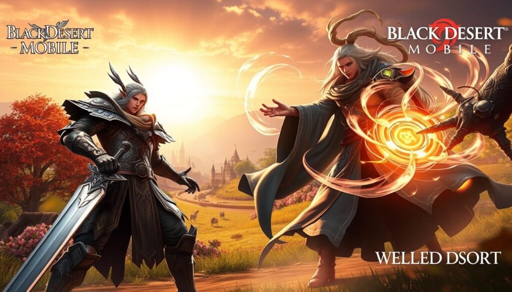 A dynamic scene capturing two characters from Black Desert Mobile in an epic battle stance. The first character, a powerful warrior with ornate armor and a glowing sword, stands confidently in the foreground, their expression fierce and determined. Next to them, a skilled mage clad in flowing robes, surrounded by swirling magical energy, casting a spell with intricate hand movements. The middle ground features a lush, fantasy landscape infused with vibrant colors, lush trees, and mystical creatures, conveying the game's enchanting world. In the background, a distant castle looms under a brilliant sunset, casting warm golden light, creating a magical atmosphere. The image should have a cinematic angle to emphasize the characters' dynamics and the rich detail of their surroundings. The overall mood is adventurous and engaging, reflecting the thrill of exploring Black Desert Mobile. A dynamic scene capturing two characters from Black Desert Mobile in an epic battle stance. The first character, a powerful warrior with ornate armor and a glowing sword, stands confidently in the foreground, their expression fierce and determined. Next to them, a skilled mage clad in flowing robes, surrounded by swirling magical energy, casting a spell with intricate hand movements. The middle ground features a lush, fantasy landscape infused with vibrant colors, lush trees, and mystical creatures, conveying the game's enchanting world. In the background, a distant castle looms under a brilliant sunset, casting warm golden light, creating a magical atmosphere. The image should have a cinematic angle to emphasize the characters' dynamics and the rich detail of their surroundings. The overall mood is adventurous and engaging, reflecting the thrill of exploring Black Desert Mobile.