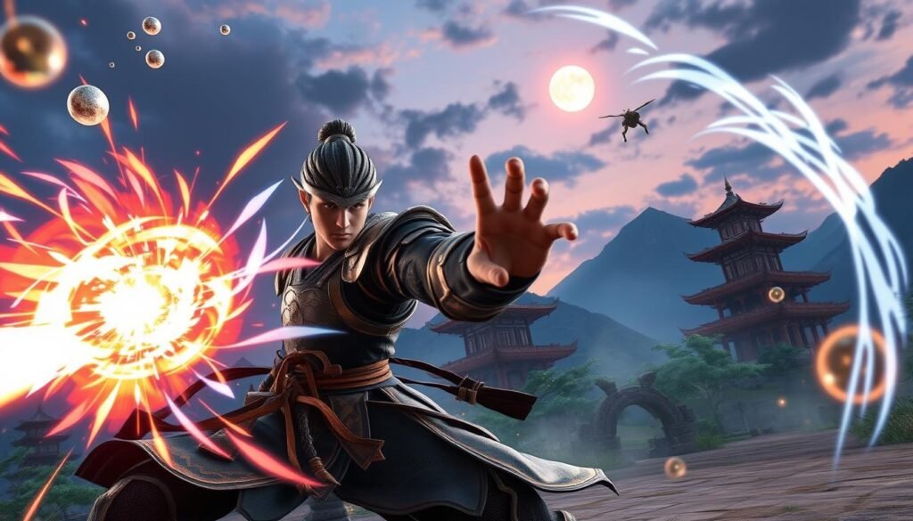 A dynamic scene depicting a character engaged in an intense battle, showcasing various vibrant skills in action. The foreground features a warrior in traditional Asian-inspired armor, demonstrating a carefully crafted martial art move with ethereal effects surrounding their hands. The middle ground highlights a fierce, glowing energy projection, symbolizing powerful skills unleashed, while stylized elements like floating orbs and trails of light enhance the movement. In the background, a fantastical landscape represents an ancient Asian-themed setting, complete with pagodas and lush greenery, under a twilight sky that casts a mystical glow. The atmosphere is charged and exhilarating, capturing the essence of epic combat and skill mastery, with sharp, dramatic lighting emphasizing the character's focused expression and the fluidity of their motions. The scene is captured with a slight low-angle perspective to accentuate the action and grandeur. A dynamic scene depicting a character engaged in an intense battle, showcasing various vibrant skills in action. The foreground features a warrior in traditional Asian-inspired armor, demonstrating a carefully crafted martial art move with ethereal effects surrounding their hands. The middle ground highlights a fierce, glowing energy projection, symbolizing powerful skills unleashed, while stylized elements like floating orbs and trails of light enhance the movement. In the background, a fantastical landscape represents an ancient Asian-themed setting, complete with pagodas and lush greenery, under a twilight sky that casts a mystical glow. The atmosphere is charged and exhilarating, capturing the essence of epic combat and skill mastery, with sharp, dramatic lighting emphasizing the character's focused expression and the fluidity of their motions. The scene is captured with a slight low-angle perspective to accentuate the action and grandeur.