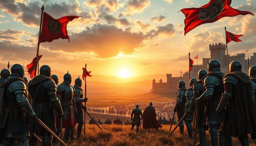 A dynamic scene depicting a medieval fantasy battle environment focused on faction selection and server competition for Player vs. Player (PvP) gameplay. In the foreground, a group of diverse, fully armed characters representing different factions, wearing detailed armor and holding weapons, are engaged in a strategy discussion. The middle ground features a vast battlefield set against rolling hills, with banners representing various factions fluttering in the wind. In the background, a sprawling medieval town with castle walls and a lively marketplace indicates territorial conflict. The scene is illuminated by the warm glow of a setting sun, casting dramatic shadows. The atmosphere is tense yet spirited, showcasing the thrill of competition. Capture this from a slightly elevated angle to provide an expansive view of the engaging environment.