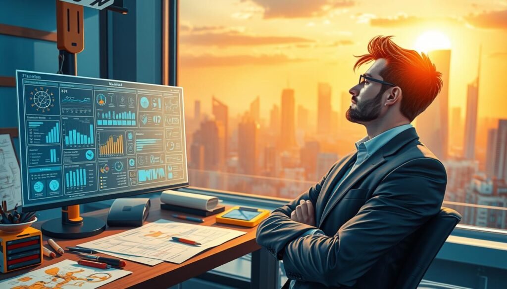 A dynamic scene depicting a thoughtful character planning their superhero build in a well-lit urban environment. In the foreground, a focused hero character, wearing a sharp, professional outfit, studies a holographic display filled with stats and graphs. The middle ground features a desk cluttered with blueprints, tools, and colorful character sketches, hinting at extensive planning. In the background, a futuristic city skyline glows under a setting sun, lending a warm, inviting atmosphere to the scene. Soft, directional lighting highlights the character and their workspace, while the overall color palette combines vibrant blues and oranges, creating a sense of hope and potential. Capture a mood of determination and creativity as the hero prepares for their journey.