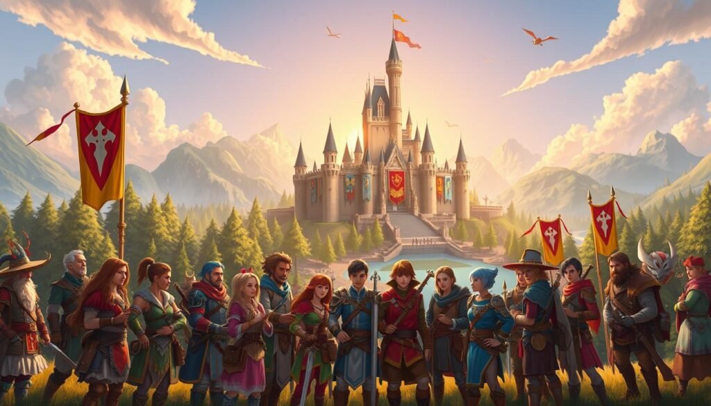 A dynamic scene depicting a vibrant guild gathering in an expansive fantasy landscape inspired by an MMORPG. In the foreground, a diverse group of adventurers in colorful, fantasy-inspired gear stands together, strategizing while holding various weapons and magical artifacts. Their expressions convey excitement and determination. In the middle ground, a grand castle adorned with banners representing different guilds looms, surrounded by lush forests and a crystal-clear lake. In the background, the sun sets majestically, casting warm golden light that enhances the friendly, adventurous mood. Include whimsical creatures and NPCs bustling about, creating an immersive atmosphere of camaraderie and community. The image should be captured with a slight low-angle perspective to emphasize the guild’s unity and ambition.