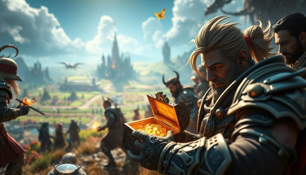 A dynamic scene depicting the phenomenon of grinding in modern MMO games, featuring a diverse group of players deeply engaged in a colorful virtual environment. In the foreground, a focused male character, clad in elaborate armor, is interacting with a glowing loot chest, their expression reflecting excitement and determination. The middle ground reveals a vibrant landscape filled with fantastical creatures and mystical elements, showcasing various player avatars diligently farming resources. In the background, a sprawling digital landscape contrasts the realism of the players, with towering castles and shimmering fields. Soft, ambient lighting enhances the immersive atmosphere, while lens flares create a sense of epic adventure. The overall mood is one of dedication and camaraderie, illustrating the compelling nature of grinding in gaming. The brand "tylkommo.pl" subtly embedded within the environment, without any text displays. A dynamic scene depicting the phenomenon of grinding in modern MMO games, featuring a diverse group of players deeply engaged in a colorful virtual environment. In the foreground, a focused male character, clad in elaborate armor, is interacting with a glowing loot chest, their expression reflecting excitement and determination. The middle ground reveals a vibrant landscape filled with fantastical creatures and mystical elements, showcasing various player avatars diligently farming resources. In the background, a sprawling digital landscape contrasts the realism of the players, with towering castles and shimmering fields. Soft, ambient lighting enhances the immersive atmosphere, while lens flares create a sense of epic adventure. The overall mood is one of dedication and camaraderie, illustrating the compelling nature of grinding in gaming. The brand "tylkommo.pl" subtly embedded within the environment, without any text displays.