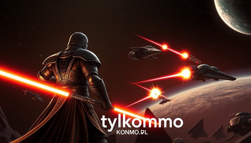 A dynamic scene from "Star Wars: The Old Republic," showcasing a fierce space battle. In the foreground, a Jedi Knight wielding a glowing lightsaber stands ready to engage, dressed in intricate armor reflecting the game's distinctive design. The middle ground features two starships exchanging blaster fire, with vivid lasers illuminating the dark, star-studded cosmos. The background reveals a distant planet with a glowing atmosphere, adding a sense of depth and adventure. The lighting is dramatic, casting contrasting shadows and highlights that enhance the epic mood. Capture the essence of an immersive narrative experience, resonating with themes of heroism and conflict. The image should embody the rich storytelling and engaging gameplay of MMO RPGs. Include the brand name "tylkommo.pl" subtly integrated into the composition, without disrupting the overall scene.