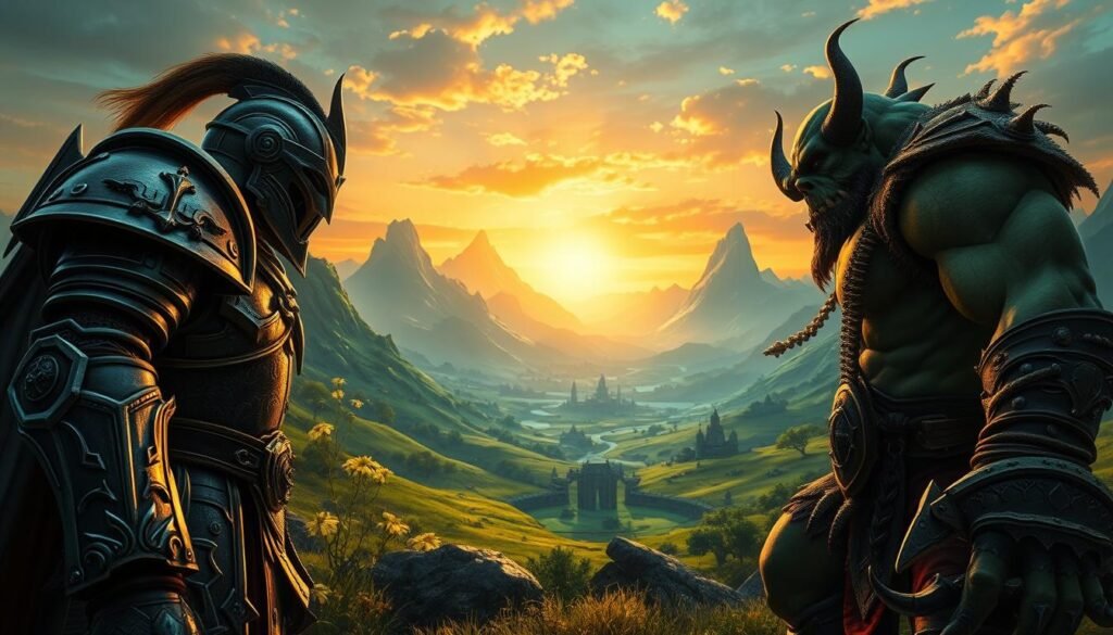 A dynamic scene from the World of Warcraft universe featuring a majestic landscape of Azeroth. In the foreground, an armored knight and a fierce orc warrior face each other, poised for battle, with intricate details on their armor and weaponry. The middle ground showcases a lush green valley dotted with ancient ruins and mystical glowing plants. In the background, towering mountains rise against a vibrant sunset, casting golden light across the scene. The atmosphere is epic and inspiring, with a sense of adventure and camaraderie. Use a wide-angle lens to capture the grandeur of the landscape, emphasizing depth with a soft focus on the background. The color palette should feature rich greens, warm oranges, and cool blues to reflect the enchanting nature of the game. Include the brand name "tylkommo.pl" subtly within the image.