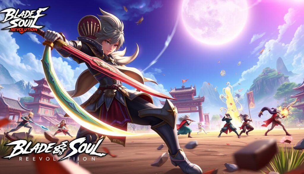 A dynamic scene from the mobile game "Blade & Soul Revolution," focusing on a vibrant, action-packed battle. In the foreground, a heroic character clad in stunning armor, wielding a glowing sword, performs an impressive combat move. The hero is depicted with detailed features, showcasing a mix of traditional Asian elements in their design. In the middle ground, other players engage in combat, adding energy to the scene, with various skills and spells visually represented. The background features a lush, fantastical landscape, blending traditional Asian architecture and lush nature under a bright, animated sky. The scene is illuminated with dramatic lighting, accentuating the action, with a slightly low camera angle to enhance the sense of movement. The overall atmosphere is energetic and immersive, capturing the essence of an engaging mobile MMO experience. A dynamic scene from the mobile game "Blade & Soul Revolution," focusing on a vibrant, action-packed battle. In the foreground, a heroic character clad in stunning armor, wielding a glowing sword, performs an impressive combat move. The hero is depicted with detailed features, showcasing a mix of traditional Asian elements in their design. In the middle ground, other players engage in combat, adding energy to the scene, with various skills and spells visually represented. The background features a lush, fantastical landscape, blending traditional Asian architecture and lush nature under a bright, animated sky. The scene is illuminated with dramatic lighting, accentuating the action, with a slightly low camera angle to enhance the sense of movement. The overall atmosphere is energetic and immersive, capturing the essence of an engaging mobile MMO experience.