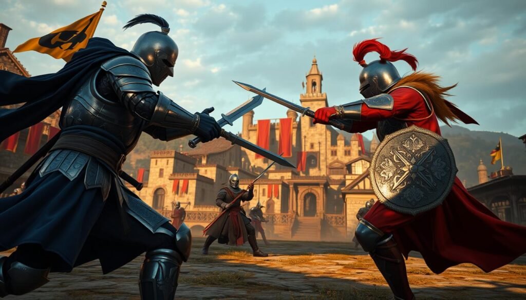 A dynamic scene illustrating a non-target combat system in an immersive medieval fantasy setting. In the foreground, two armored warriors, one clad in blue and silver and the other in red and gold, engage in a fluid battle, showcasing their skill and agility. The middle ground features a backdrop of a bustling village with stone buildings and banners flapping in the wind, while other warriors train and practice in the distance. The mood is intense and strategic, with dramatic lighting highlighting the combatants, cast against the warm glow of a late afternoon sun. Soft shadows add depth, captured with a slightly low angle that emphasizes the action and tension. The atmosphere embodies the thrill of PvP combat, focusing on the mastery of non-target fighting techniques.