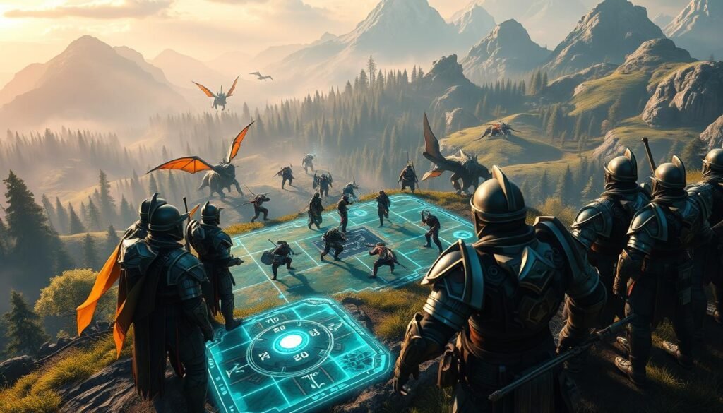 A dynamic scene of tactical combat and cooperation in an MMO game setting. In the foreground, a diverse group of players, dressed in vibrant yet professional fantasy armor, strategizes around a glowing holographic map, displaying enemy positions and objectives. The middle ground features an intense skirmish between players and mythical creatures, showcasing teamwork through coordinated attacks and defensive maneuvers. In the background, a sprawling digital landscape with lush forests and towering mountains reflects an expansive, immersive world. Soft, dramatic lighting highlights the action, creating a sense of urgency and teamwork. The atmosphere is charged with excitement and camaraderie. This image is crafted for tylkommo.pl, capturing the essence of tactical gameplay and collaboration in MMO adventures.