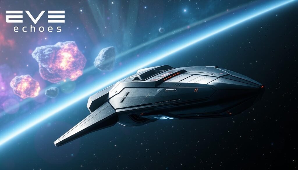 A dynamic scene set in the vast universe of EVE Echoes, showcasing a highly detailed spaceship navigating through interstellar space. In the foreground, the sleek, futuristic design of the ship gleams under the soft glow of distant stars, with bright glimmers on its metallic hull. The middle layer features a vibrant space backdrop filled with colorful nebulae and clusters of asteroids, creating a sense of depth and adventure. The background provides a deep space ambiance with scattered stars and a faint cosmic horizon. The lighting is dramatic, highlighting the ship's contours and creating a thrilling atmosphere of exploration and ambition. Capture the essence of a professional pilot's journey in this captivating cosmic MMO experience for mobile devices.