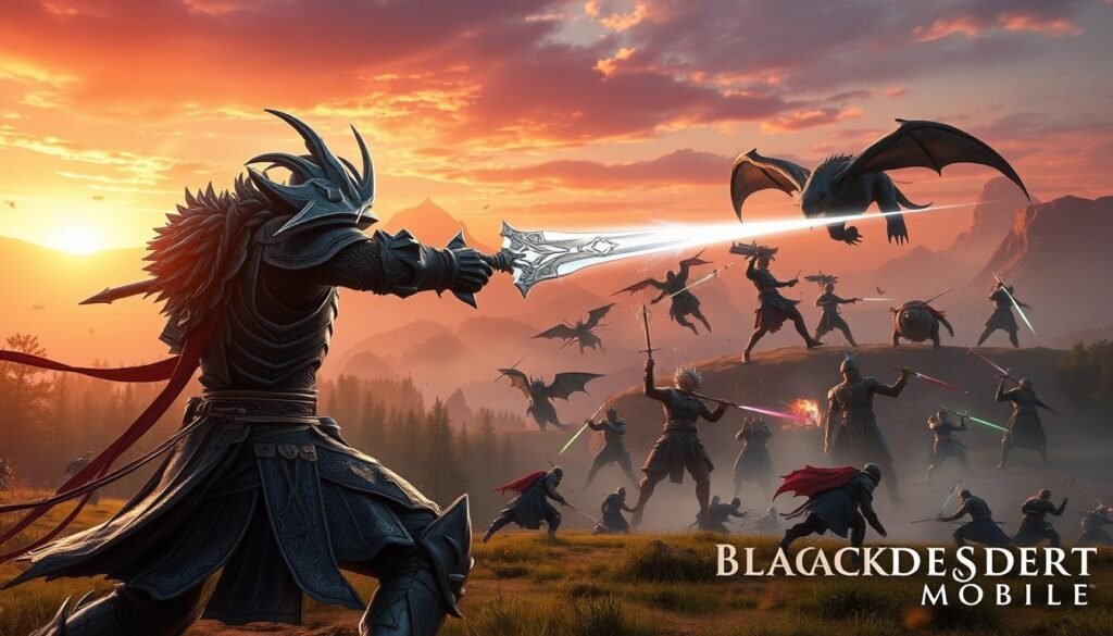 A dynamic scene showcasing a character engaged in combat within the visually stunning world of Black Desert Mobile. In the foreground, a warrior clad in intricately detailed armor wields a glowing weapon, demonstrating fluid motion as they execute a powerful combo attack. The middle layer features a diverse group of other players, each in unique outfits, battling against fantasy creatures, displaying a range of combat styles and teamwork. In the background, an epic landscape unfolds, filled with lush forests, towering mountains, and vibrant skies at sunset, casting dramatic lighting over the scene. The overall atmosphere is intense and action-packed, capturing the excitement and immersive gameplay of a mobile MMO. The composition should evoke a sense of adventure and camaraderie among players, with a cinematic angle that emphasizes the scale of the battle. A dynamic scene showcasing a character engaged in combat within the visually stunning world of Black Desert Mobile. In the foreground, a warrior clad in intricately detailed armor wields a glowing weapon, demonstrating fluid motion as they execute a powerful combo attack. The middle layer features a diverse group of other players, each in unique outfits, battling against fantasy creatures, displaying a range of combat styles and teamwork. In the background, an epic landscape unfolds, filled with lush forests, towering mountains, and vibrant skies at sunset, casting dramatic lighting over the scene. The overall atmosphere is intense and action-packed, capturing the excitement and immersive gameplay of a mobile MMO. The composition should evoke a sense of adventure and camaraderie among players, with a cinematic angle that emphasizes the scale of the battle.