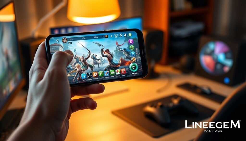 A dynamic scene showcasing a mobile gaming interface for "Lineage2M", displayed on a modern smartphone held in a user's hand. In the foreground, the user's hand is elegantly gripping the phone, with fingers positioned on the screen as they navigate through an intricate menu filled with vibrant icons representing various game features. The screen glows with vivid colors, illustrating a battle scene background with fantasy characters engaged in combat, embodying the essence of MMO gameplay. The middle ground comprises a soft-focus desk setting with gaming accessories, hinting at the player's environment. The background features an ambient light that casts a warm glow, creating a cozy indoor atmosphere. The overall mood is inspiring and immersive, inviting the viewer to experience the excitement of gaming.