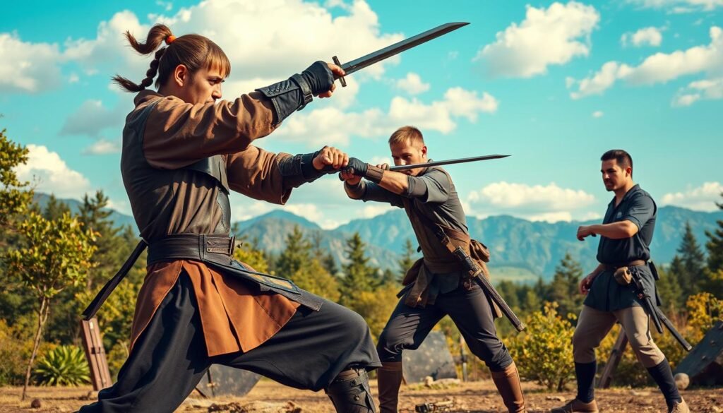 A dynamic scene showcasing two warriors engaged in combat training, symbolizing the concept of combat skills. In the foreground, one warrior, clad in practical, modest armor with a sword, demonstrates a fluid martial arts move, their focus intense. The second warrior, dressed in casual combat-ready attire, observes and prepares to execute a counter-move. The middle ground features a lush, vibrant forest, hinting at an adventure setting, with training dummies and weapons scattered about. The background includes distant mountains under a bright blue sky with soft clouds, creating a sense of openness and possibility. The lighting is warm and inviting, enhancing the mood of determination and camaraderie, captured with a slightly elevated angle to emphasize the action and depth of the environment.