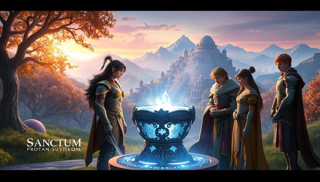 A fantasy-themed image showcasing the progression system of "Sanctum". In the foreground, a diverse group of four characters representing different classes, dressed in intricately designed armor and robes, are gathered around a glowing, ornate crystal pedestal emanating ethereal light. In the middle ground, a vivid landscape reveals a mystical sanctuary with trees draped in luminous leaves and softly illuminated pathways leading to ancient stone structures, adorned with shimmering runes. The background features majestic mountains shrouded in mist, casting a serene atmosphere over the scene at twilight. The entire composition is bathed in soft, radiant light that highlights the characters’ focused expressions, as they strategize their next steps in character development, conveying a sense of collaboration and adventure.