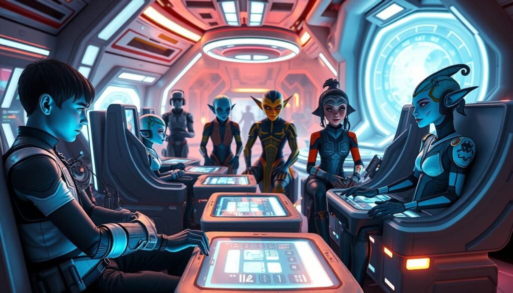 A futuristic character creation scene inspired by a sci-fi universe, featuring a diverse group of players seated at advanced holographic terminals, each engaged in customizing their avatars. The foreground showcases a young humanoid character selecting features on a glowing interface, with various cosmetic options displayed. The middle ground reveals a mix of characters, including a Twi'lek and a Rodian, animatedly discussing their choices, showcasing their unique designs and colors. The background features an immersive alien environment with vibrant, neon-lit elements that suggest a bustling space station. Soft, ethereal lighting sets a hopeful and adventurous mood, emphasizing creativity and collaboration. The scene is captured from a medium-angle perspective to draw viewers into the excitement of character creation in this expansive universe.