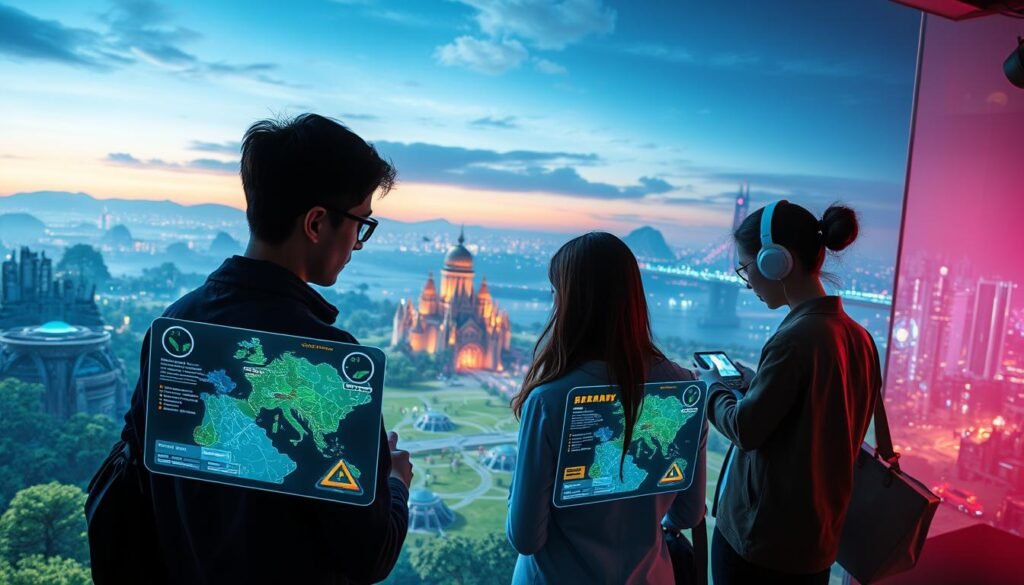 A futuristic gaming scene showcasing modern multiplayer gameplay, emphasizing collaboration and strategy among diverse players in a vibrant virtual environment. In the foreground, a group of four gamers, dressed in professional casual attire, are intensely focused on their high-tech holographic interfaces showing dynamic game maps and character stats. The middle ground reveals an immersive digital landscape, filled with lush greenery, fantastical structures, and epic battle scenes that evoke excitement. In the background, a distant skyline of a futuristic city glows with neon lights under a twilight sky. Soft, diffused lighting enhances the atmosphere, creating a sense of camaraderie and high stakes in the gaming experience. Capture this moment to illustrate the evolution of MMO gaming, as discussed on tylkommo.pl.