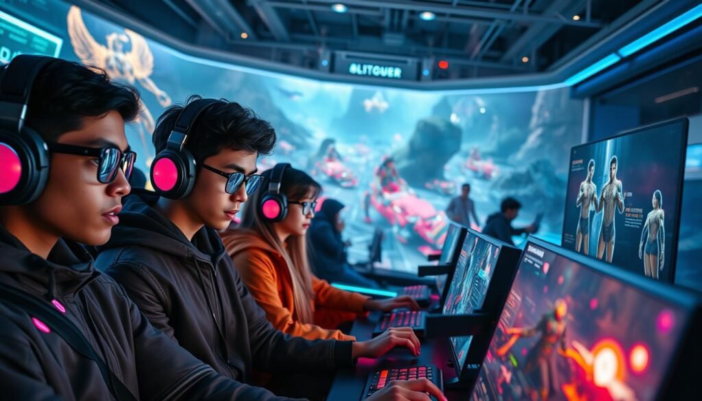 A futuristic online gaming environment showcasing a diverse group of players engaged in a dynamic multiplayer battle. In the foreground, a mix of three gamers from different backgrounds intensely focused on their screens, wearing stylish yet modest tech gear, illuminated by vibrant LED lighting. The middle ground features a sleek, modern gaming setup with holographic displays and interactive elements, hinting at advanced technology. In the background, a virtual world filled with futuristic landscapes and dynamic action, hinting at a rich MMO universe alive with vivid colors. The atmosphere is energetic and immersive, evoking a sense of community and competition. Shot with a wide-angle lens to capture the bustling scene, emphasizing both individuality and collaboration. Include the branding "tylkommo.pl" subtly in the design.