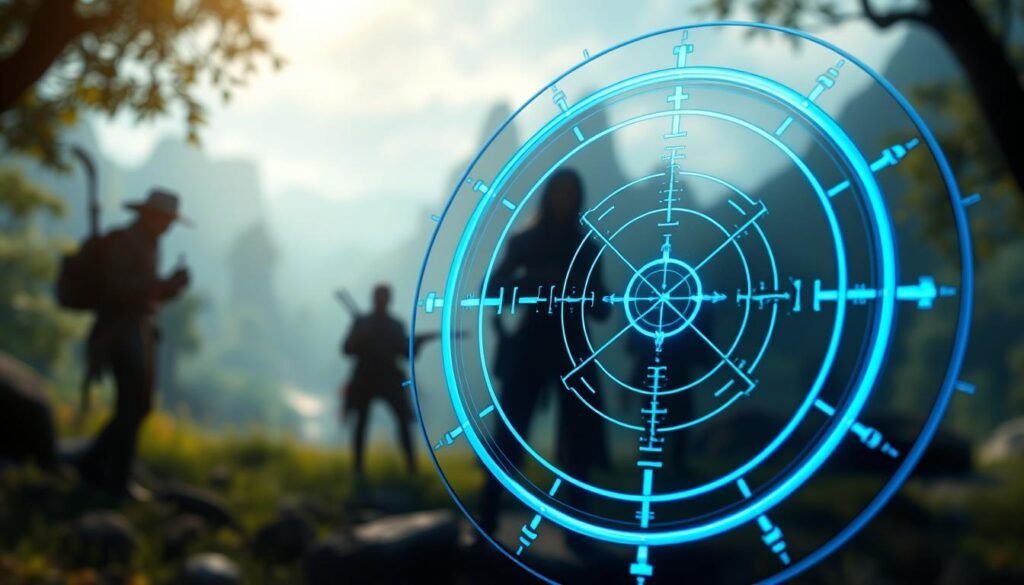 A highly detailed image of a target reticle displayed prominently in the foreground, set against a blurred, immersive background of a lush, digitally rendered fantasy landscape resembling an MMORPG environment. The target reticle should be intricate, featuring a mix of sharp lines and circular patterns, glowing softly with an electric blue hue to emphasize its technological nature. In the middle ground, include silhouettes of characters engaged in crafting or exploration, dressed in modest fantasy gear, showcasing a sense of teamwork and strategy. The scene is illuminated by a natural, ambient light that creates a tranquil yet focused atmosphere, hinting at the precision and safety of the combat and gathering mechanics within the game. Use a slightly angled perspective to provide depth and engagement.