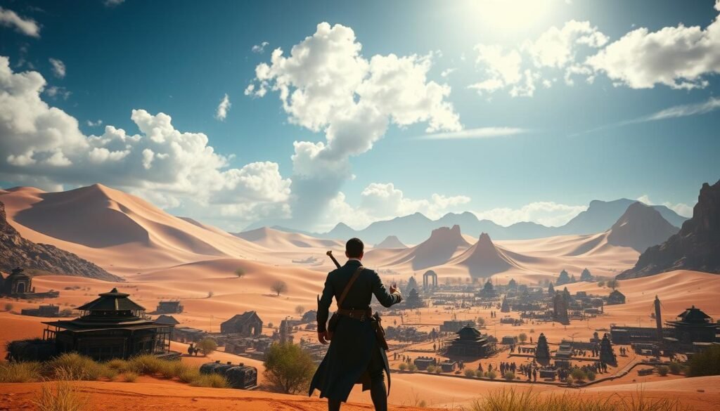 A lush fantasy landscape representing the world of Black Desert Online, showcasing a vibrant, sprawling desert with towering dunes under a bright blue sky. In the foreground, a well-dressed adventurer in professional attire stands confidently, holding a sword and looking towards the horizon, embodying the spirit of grinding and exploration. The middle ground features bustling town life with NPCs engaging in trade and crafting, creating a sense of community. In the background, majestic mountains and ancient ruins evoke a sense of adventure and mystery. Soft, warm lighting highlights the scene, casting dynamic shadows that enhance the depth and atmosphere, capturing the allure and intensity of the grind in this beloved MMO. --v 5 --ar 16:9 --q 2 --no text, logos, or watermarks, from tylkommo.pl.