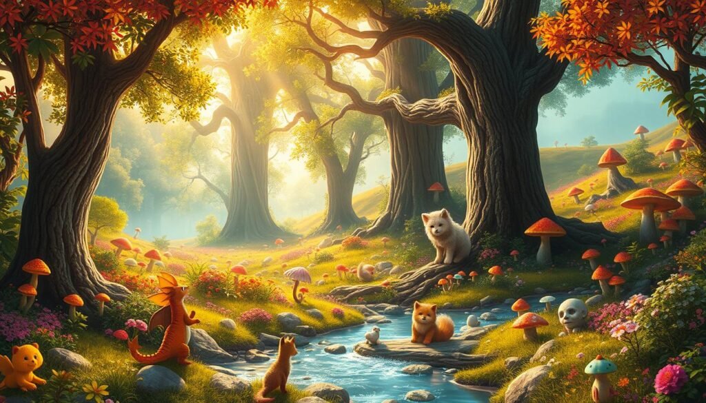 A magical forest filled with vibrant, colorful flora, where various familiars play and interact among the trees. In the foreground, a variety of cute, whimsical creatures such as a small dragon, a fluffy fox, and a fairy-like being gather around a sparkling stream. The middle ground features towering, ancient trees illuminated by soft, golden sunlight filtering through the leaves, creating a warm atmosphere. In the background, gentle hills covered in glowing mushrooms and ethereal light add depth to the scene. The air is filled with a sense of wonder and adventure, captured with a bright, uplifting color palette. The viewpoint is slightly elevated, giving a panoramic view of this enchanting Familiars' Forest, inviting the viewer into a realm of fantasy and exploration. A magical forest filled with vibrant, colorful flora, where various familiars play and interact among the trees. In the foreground, a variety of cute, whimsical creatures such as a small dragon, a fluffy fox, and a fairy-like being gather around a sparkling stream. The middle ground features towering, ancient trees illuminated by soft, golden sunlight filtering through the leaves, creating a warm atmosphere. In the background, gentle hills covered in glowing mushrooms and ethereal light add depth to the scene. The air is filled with a sense of wonder and adventure, captured with a bright, uplifting color palette. The viewpoint is slightly elevated, giving a panoramic view of this enchanting Familiars' Forest, inviting the viewer into a realm of fantasy and exploration.