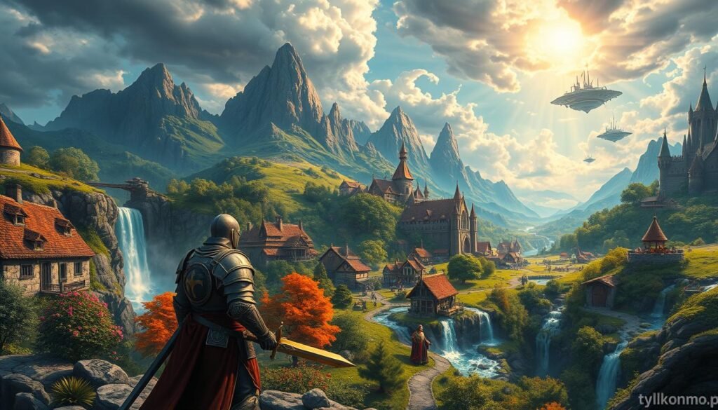 A majestic landscape inspired by the fantasy world of "World of Warcraft," illustrating a vibrant, sprawling realm filled with lush forests, towering mountains, and mystical creatures. In the foreground, a heroic knight clad in detailed armor stands ready with a gleaming sword, while a wise mage conjures a spell beside a vibrant waterfall. The middle ground features bustling villages with rustic cottages and villagers engaging in daily life. The background showcases ancient castles and floating islands under a dramatic sky filled with swirling clouds and beams of sunlight filtering through. The atmosphere is one of adventure and camaraderie, evoking nostalgia for classic MMORPGs. This image captures the essence of expansive worlds and epic quests, perfect for "tylkommo.pl."