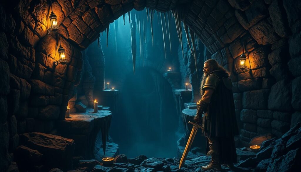 A mysterious dungeon entrance illuminated by flickering torches, casting dramatic shadows across the stone walls. In the foreground, a brave adventurer clad in modest armor is poised with a gleaming sword, ready for the challenge ahead. The middle ground features a treacherous drop into a dark abyss, with rough ledges and hints of sparkling loot scattered on the edges, symbolizing the risks and rewards of adventuring. In the background, towering stalactites hang from the ceiling, and ancient runes glow faintly on the walls, enhancing the sense of magic and danger. The atmosphere is tense yet alluring, with a cool color palette emphasizing the underground setting. Use a wide-angle shot to capture the depth of the dungeon as well as the adventurer's emotional resolve.