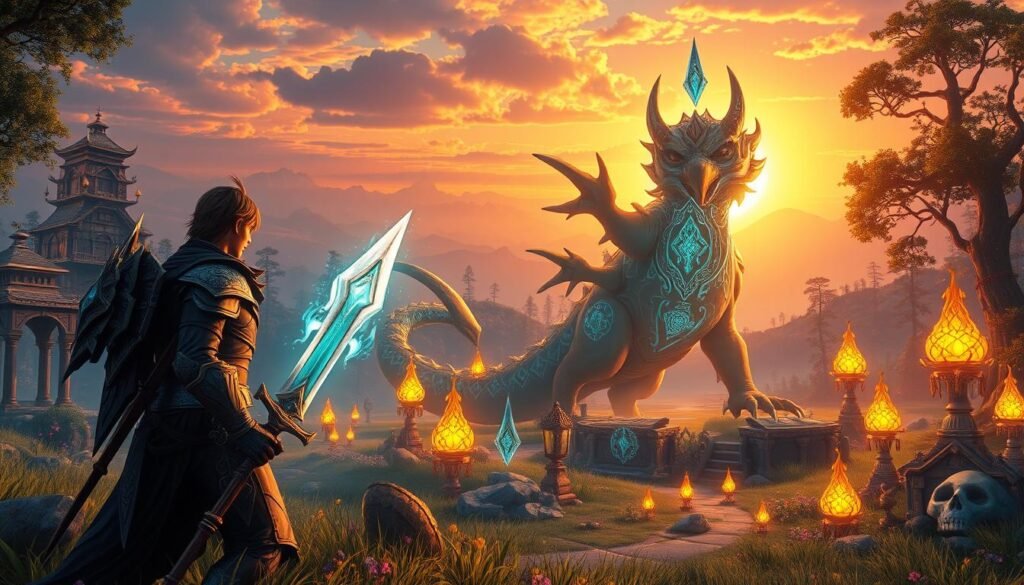 A mystical fantasy scene depicting a vibrant MMORPG world centered around "EXP, equipment, blessings, and boss farming." In the foreground, a character dressed in ornate armor, holding a glowing sword, gazes at a floating, luminous crystal representing experience points. The character should appear determined and focused, with dynamic poses suggesting motion. The middle ground features a majestic, boss creature with intricate designs, surrounded by various enchanted items and blessings glowing softly in hues of gold and blue. The background offers a lush, enchanted landscape with towering trees and distant mountains, under a sky painted with the warm glow of sunset. The lighting should evoke a sense of magic and adventure, using vivid colors and contrasting shadows to enhance the atmosphere. The overall mood is one of excitement and anticipation, capturing the essence of growth and power in the gaming world.