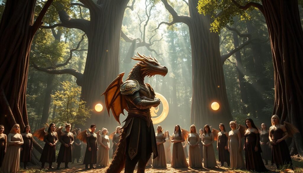 A mystical rite of passage scene in an enchanting forest setting, showcasing a grand ritual between two dragonkin, one representing Helian and the other Lunus. In the foreground, a dragonkin in ornate golden armor embraces their destiny, flanked by glowing symbols of their respective paths. The middle ground features a gathering of various dragonkin witnesses, adorned in simple, elegant attire, with expressions of admiration and curiosity. Towering ancient trees and softly glowing orbs create an ethereal atmosphere in the background, with dappled sunlight filtering through the leaves, casting a serene glow on the scene. The mood is a mixture of reverence and excitement, captured with a wide-angle lens to accentuate the grandeur of the moment.