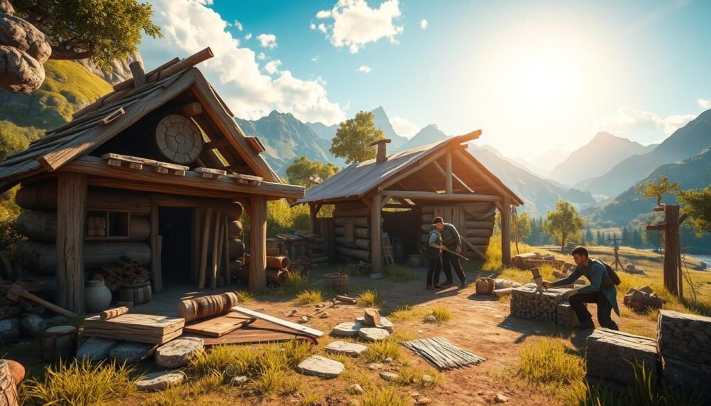 A picturesque scene of a nascent base being constructed in a vibrant, immersive fantasy landscape. In the foreground, a small wooden house under construction with logs and stones, surrounded by basic crafting tools like a hammer and saw. Nearby, a simple storage shed is filled with gathered resources like wood planks and clay. The middle ground features an organized workspace where players in modest casual clothing are skillfully working together, showcasing teamwork and collaboration. The background is filled with lush greenery and mountains under a bright blue sky, emitting a warm and inviting light that reflects the hopeful mood of starting anew. The angle captures both the action of building and the beauty of the surrounding nature, inviting viewers into this engaging world.