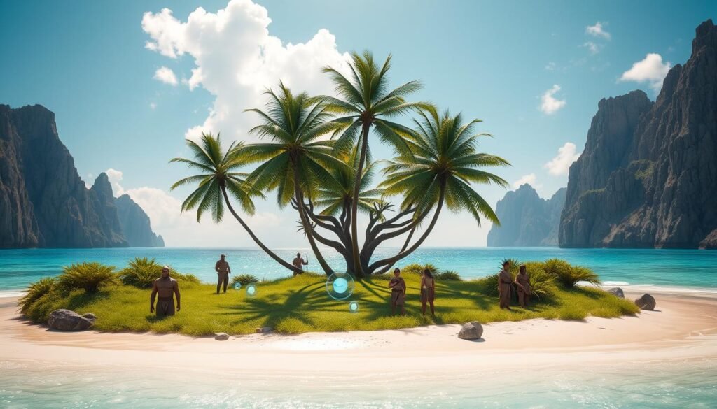 A picturesque training island, surrounded by crystal-clear turquoise waters, set under a bright, sunny sky with a few fluffy white clouds. In the foreground, a gentle sandy beach leads to a lush green area dotted with training dummies and mystical orbs that glow faintly, suggesting a magical atmosphere. In the middle ground, a cluster of tall palm trees sways lightly in the breeze, providing shade to a few adventurers dressed in modest training gear, engaged in focus and camaraderie. The background features rugged cliffs that rise sharply, framing the island beautifully. Soft sunlight filters through the leaves, casting dappled shadows on the ground, creating an inviting and serene setting for learning and adventure. The scene conveys a sense of discovery and excitement for new beginnings.