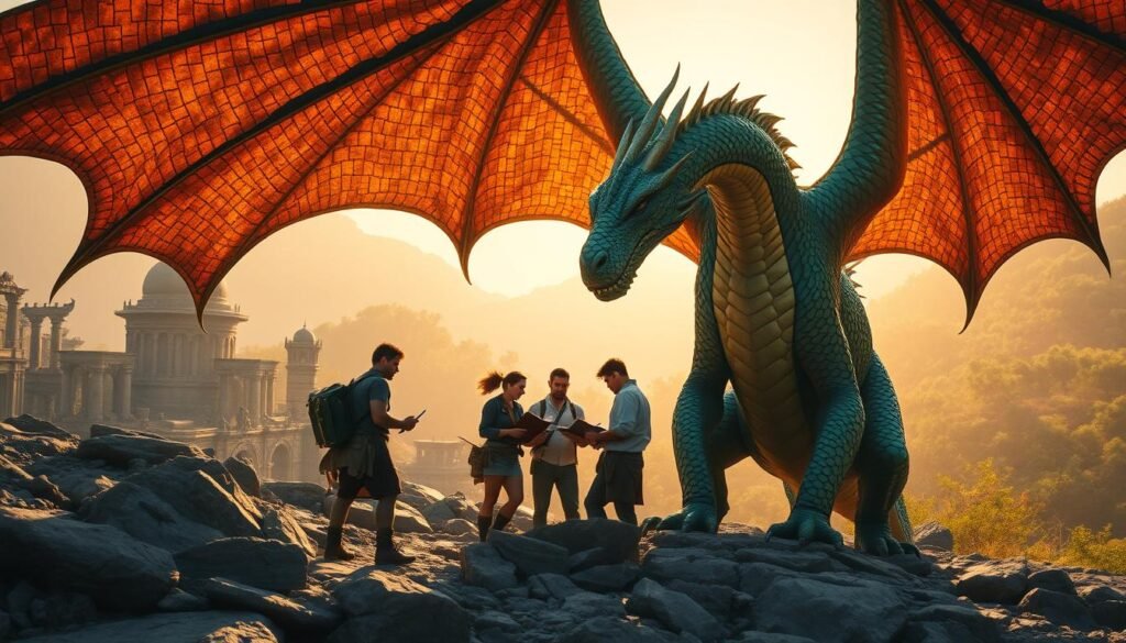 A powerful, majestic dragon stands prominently in the foreground, showcasing impressive scales glimmering with iridescent colors that shift from deep emerald to brilliant gold. Its wings are outstretched, casting vast shadows over the rocky terrain. In the middle ground, a group of adventurers, clad in modest casual attire, debate strategies while examining a magical tome, embodying the essence of crafting and skill development. The background reveals a mystical landscape with ancient ruins and lush forests bathed in warm, golden sunlight, creating an atmosphere of serenity and awe. The scene is captured with a wide-angle lens, emphasizing both the grandeur of the dragon and the intricacies of the adventurers’ build decisions, setting a mood of wonder and adventure in this fantasy realm.